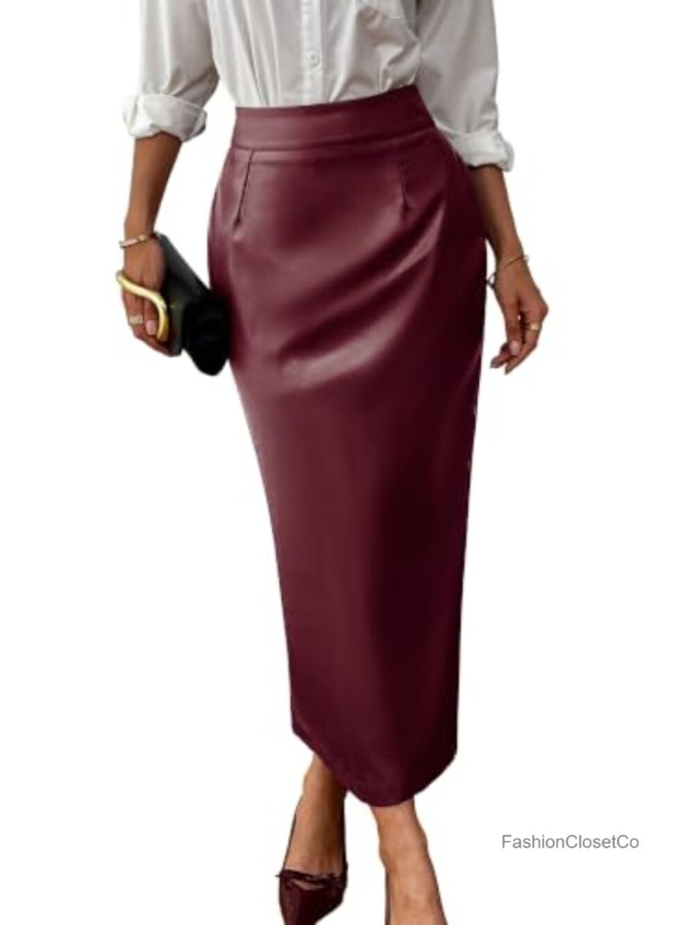 Stretch Faux Leather Pencil Midi Skirt with Pockets